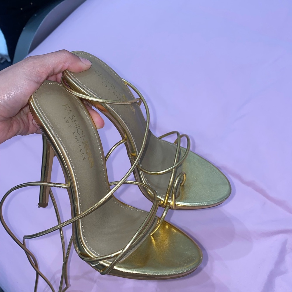 Fashion Nova Gold Stiletto Heels with Strappy Design